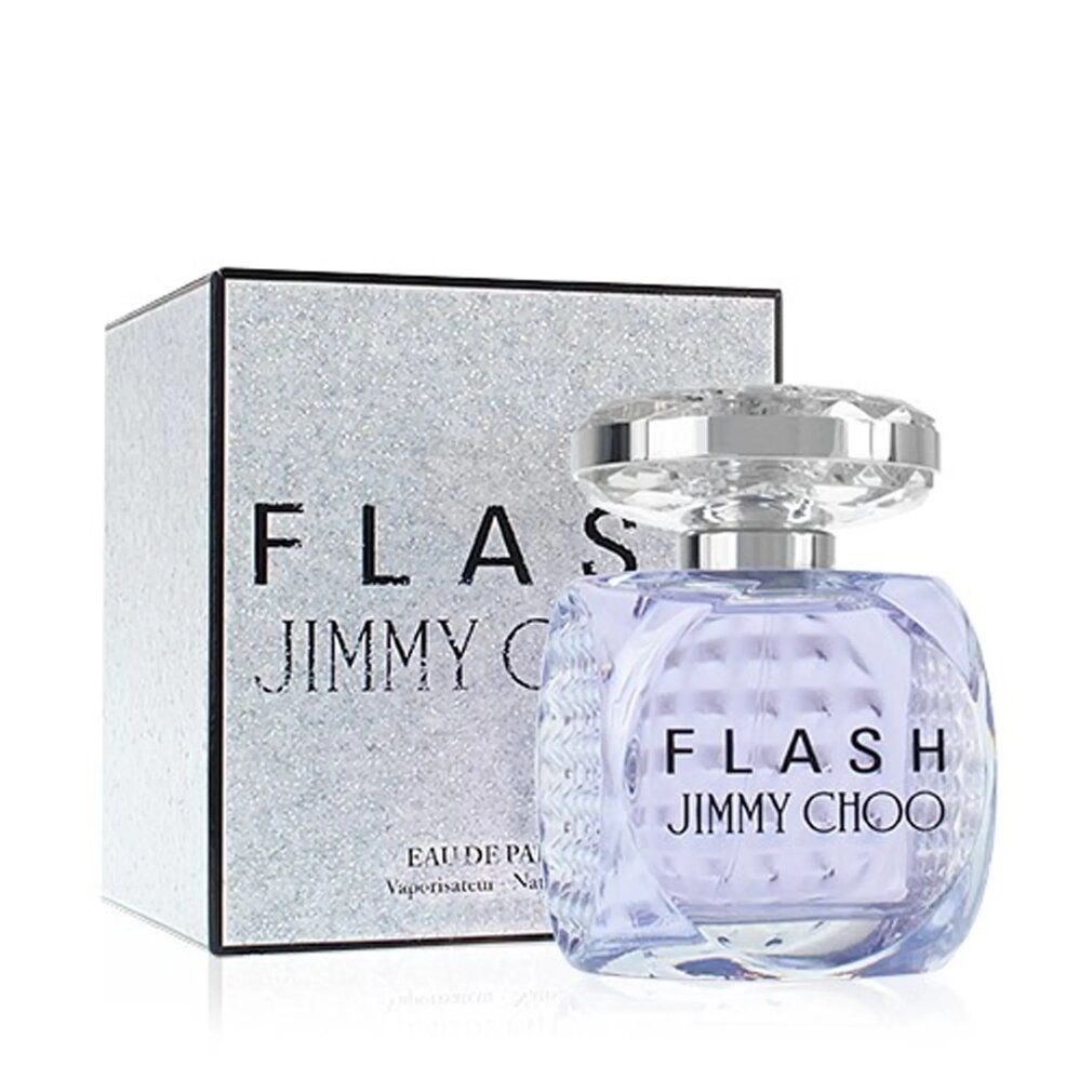 Parfümflakon und Verpackung. Aufschrift FLASH JIMMY CHOO. Flakon mit silbernem Deckel. Verpackung mit Glitzer.