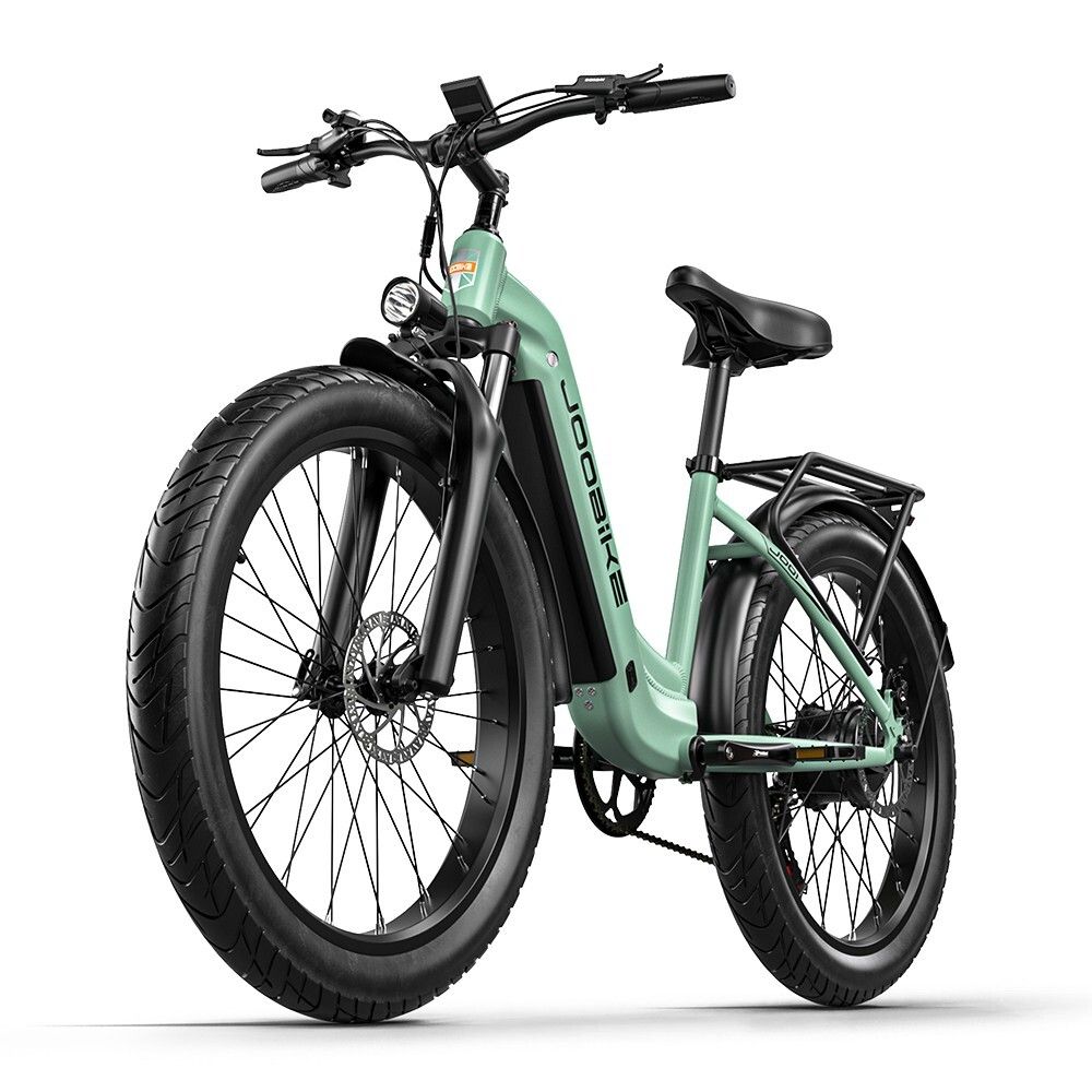 Hellgrünes Elektrofahrrad mit schwarzen Reifen. JOOBIKE-Logo am Rahmen. Frontscheinwerfer. 48V-Batterie.