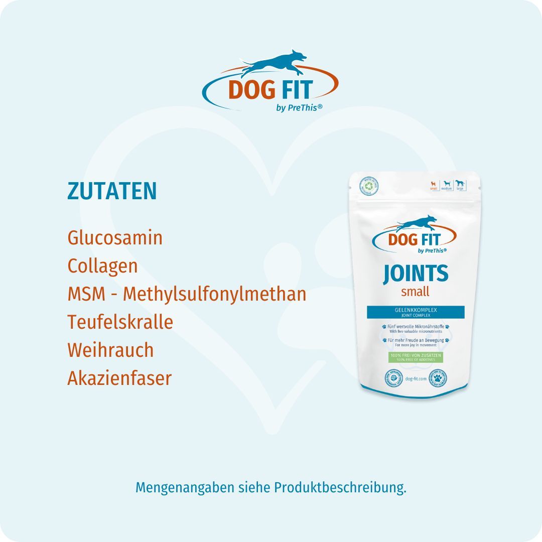 Produktverpackung DOG FIT JOINTS small. Zutaten: Glucosamin, Collagen, MSM, Teufelskralle, Weihrauch, Akazienfaser.
