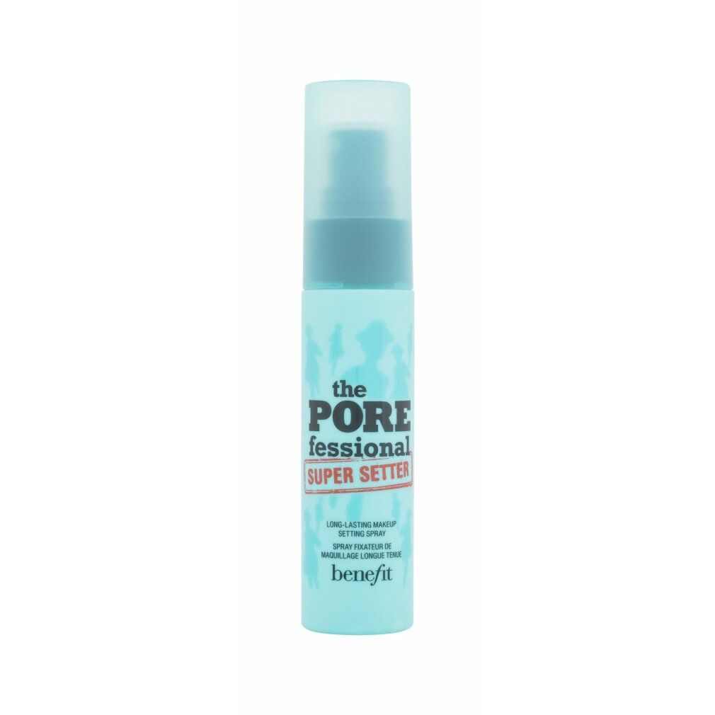 Türkisgrüne Sprühflasche mit weißem Aufdruck. Text: Porefessional Super Setter. Marke: Benefit. Transparenter Deckel.