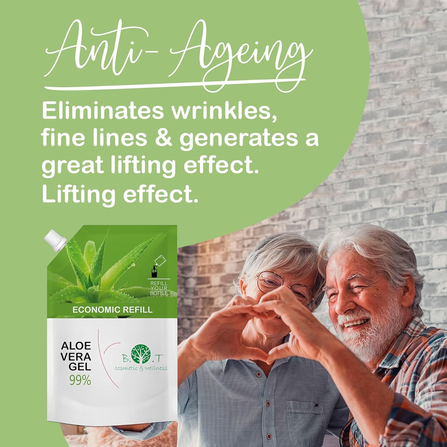 Älteres Ehepaar mit Aloe Vera Gel. Produkt: Nachfüllpackung Aloe Vera Gel 99%. Text: Anti-Aging, beseitigt Falten, Lifting-Effekt.