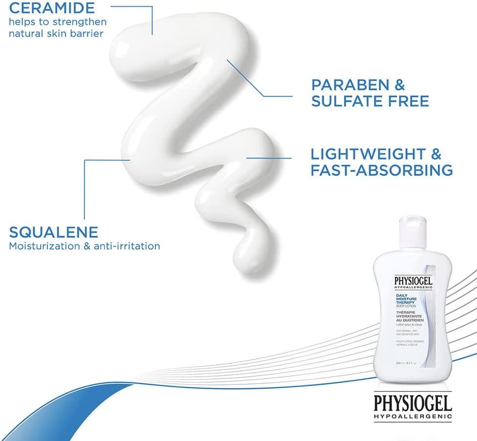 Weiße Lotion-Spur mit Text: Ceramide, Squalen, Paraben- und Sulfatfrei, leicht und schnell einziehend. Kleine Flasche im Hintergrund.