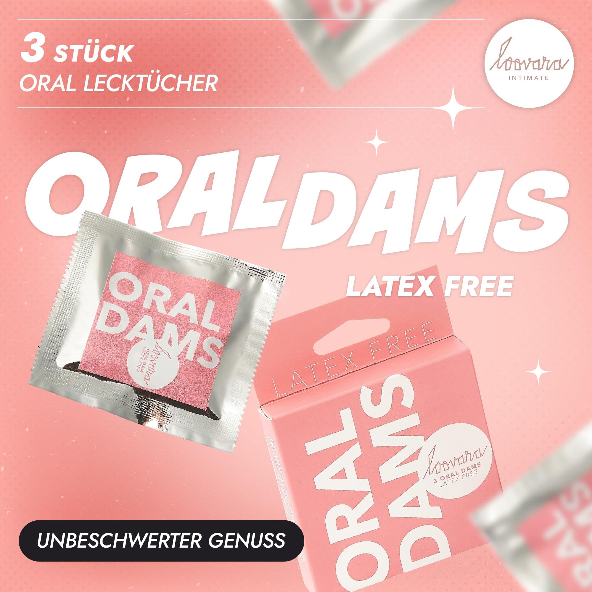 Drei einzeln verpackte Loovara Oral Dams, latexfrei, und eine rosa Verpackung.
