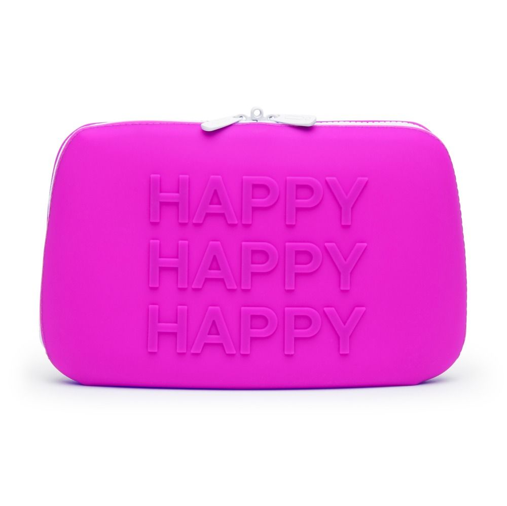 Pinkfarbene Silikon-Aufbewahrungstasche mit Reißverschluss. Aufschrift HAPPY. Weißer Reißverschluss.