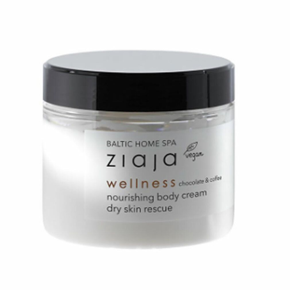 Ziaja Baltic Home Spa Wellness Creme. Glasbehälter mit schwarzem Deckel. Aufschrift: wellness chocolate & coffee, vegan.