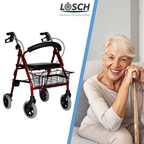 Roter Rollator neben einer lächelnden älteren Frau. Logo: Lösch Zentrum für Gesundheit.