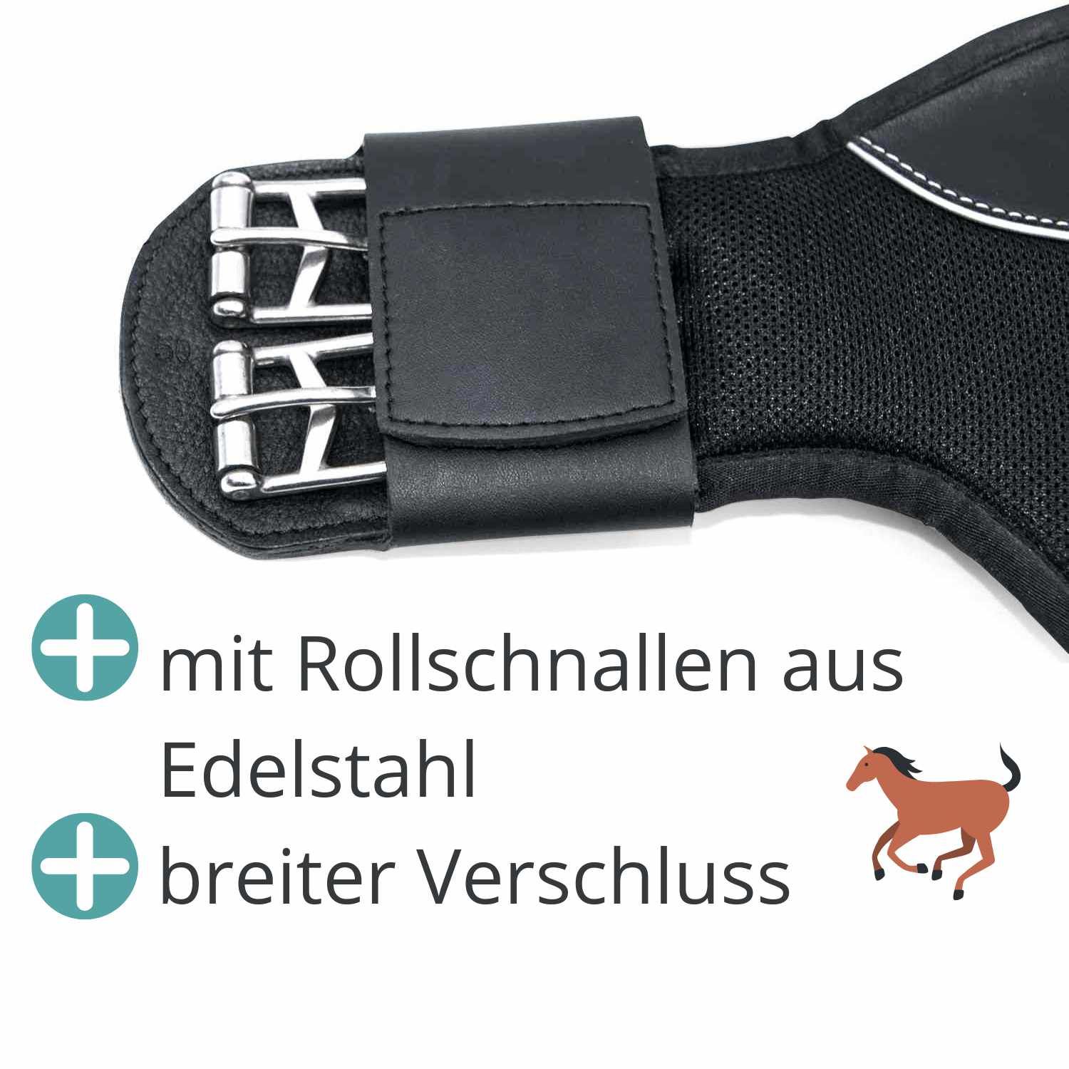 Detailansicht Dressurgurt mit Rollenschnallen aus Edelstahl und breitem Verschluss. Braunes Pferd-Symbol.
