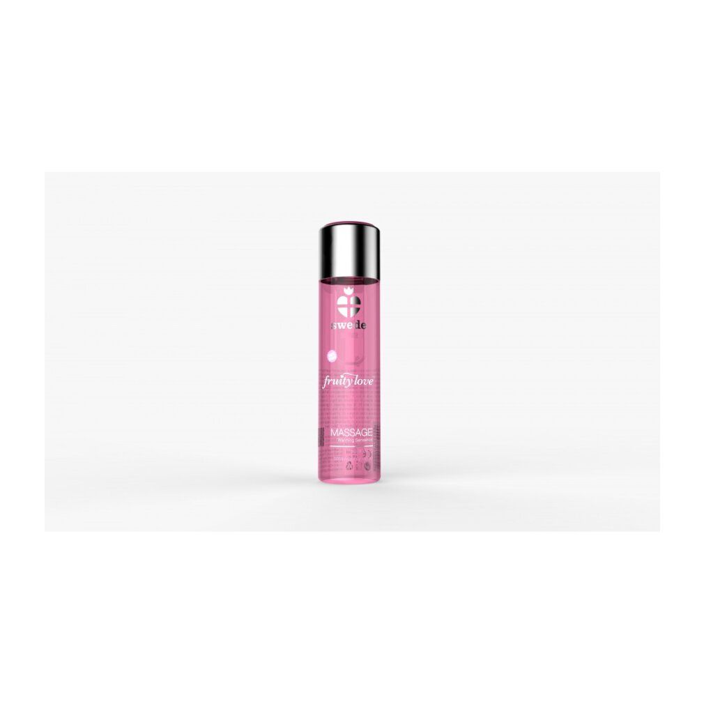 Rosa Flüssigkeit in einer zylindrischen Flasche mit silberner Kappe. Aufschrift: swede, fruity love, Massage.