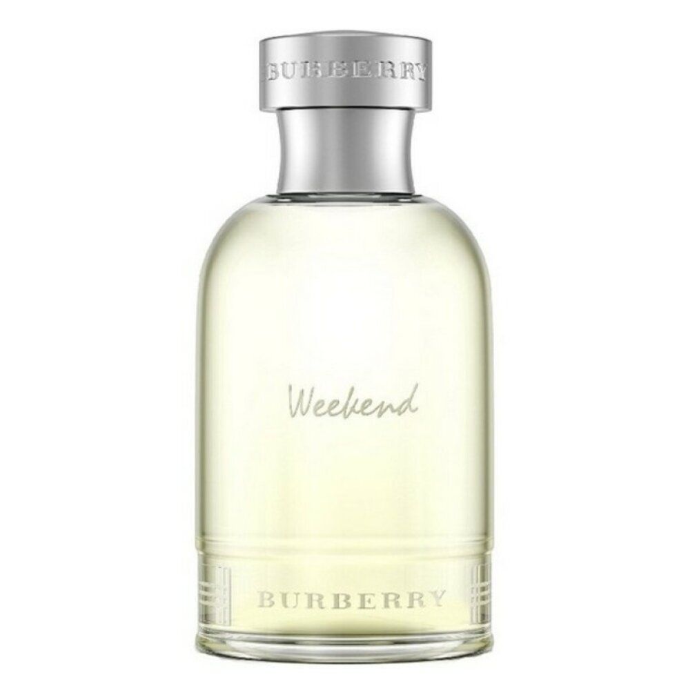 Burberry Weekend Eau de Toilette Flakon für Männer. Zylindrische Form mit silbernem Deckel. Aufschrift: Burberry, Weekend.