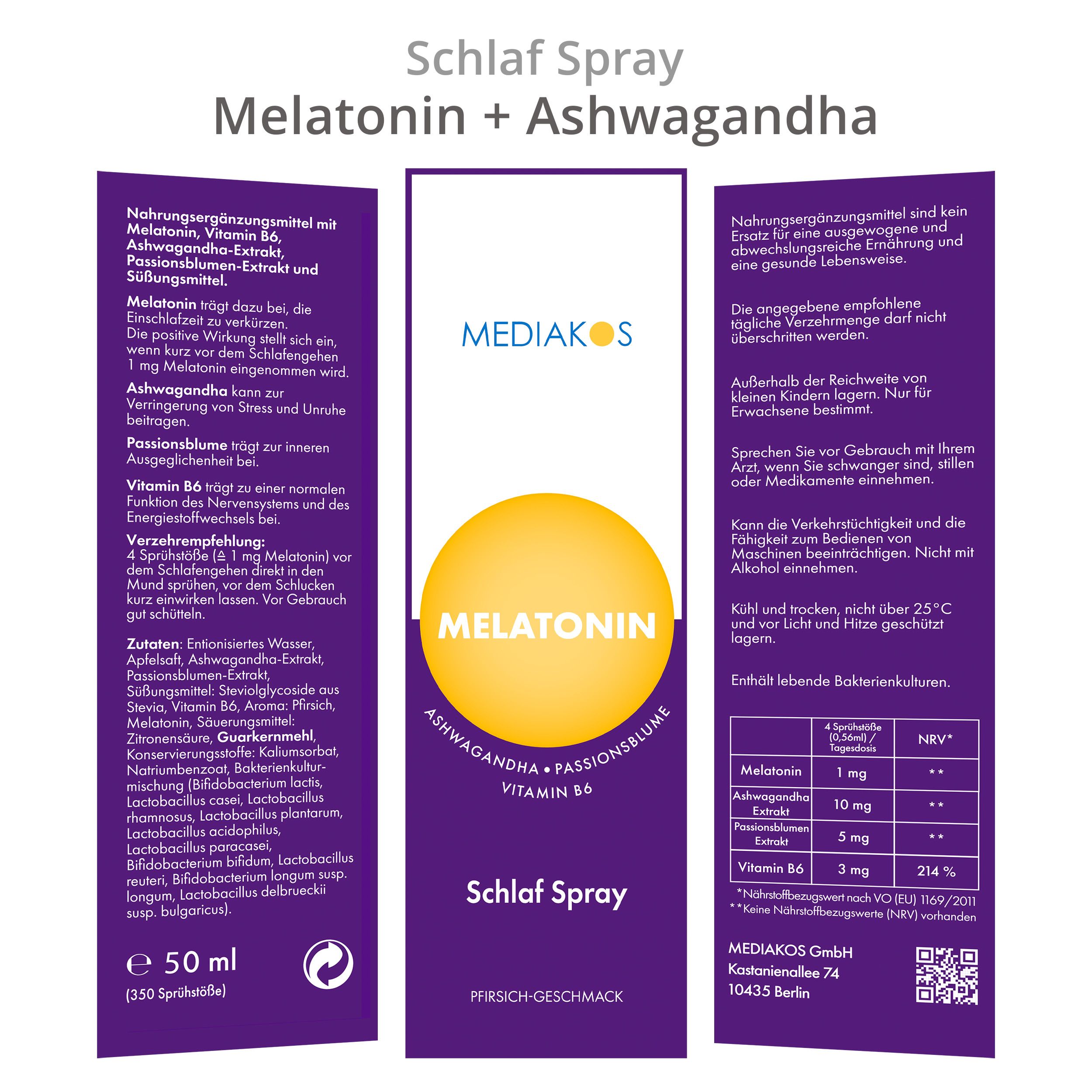 Produktverpackung. Aufschrift: Mediakos, Melatonin, Ashwagandha, Passionsblume, Vitamin B6. Schlaf Spray. Inhaltsstoffe und Nährwertangaben.