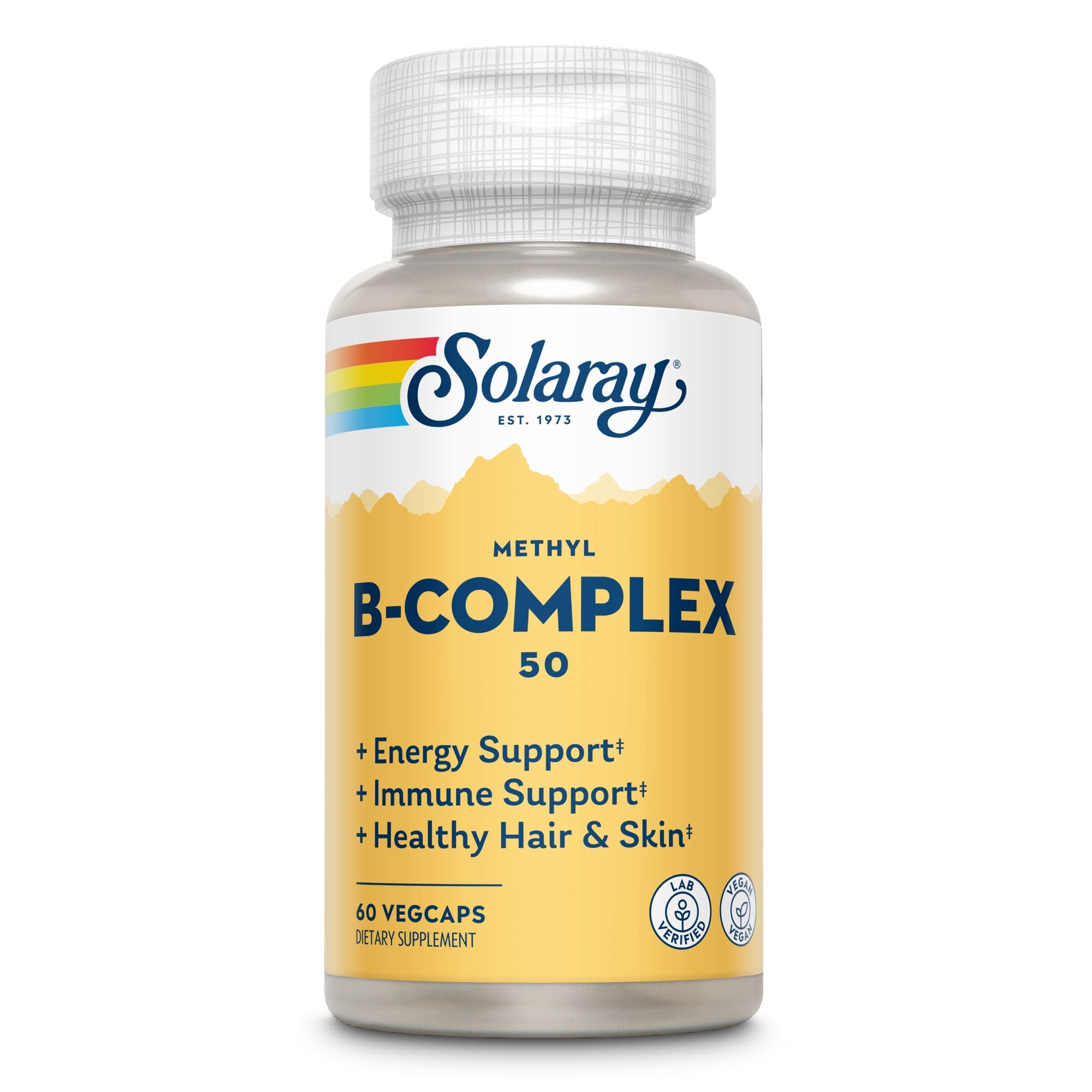 Solaray Methyl B-Complex 50 Flasche. Gelbes Etikett. Text: Methyl B-Complex 50, Energy Support, Immune Support, Healthy Hair & Skin, 60 Vegcaps.