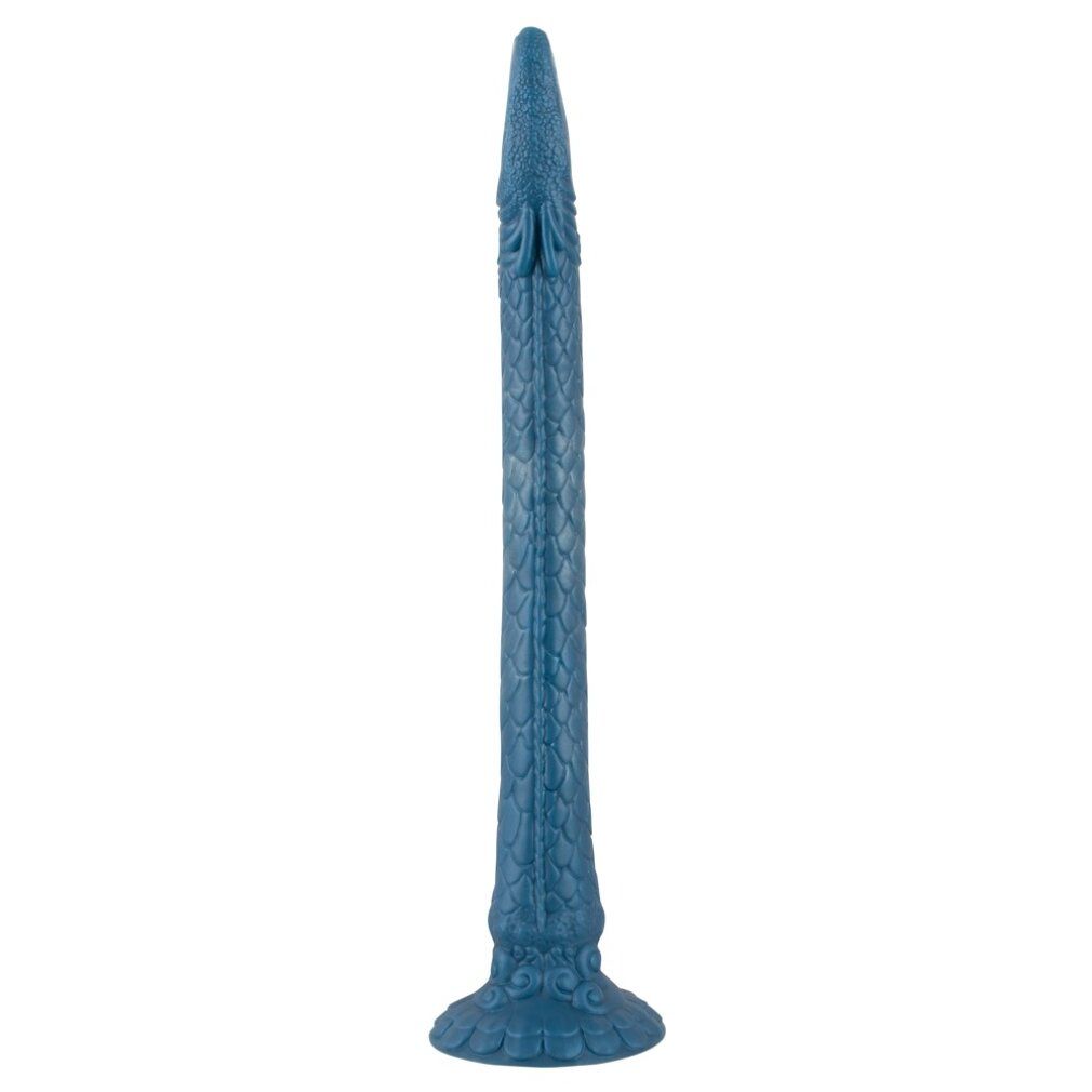 Blaues Dildo mit strukturierter Oberfläche und Basis. Längliche Form mit spitzem Ende. Detailreiche Musterung.