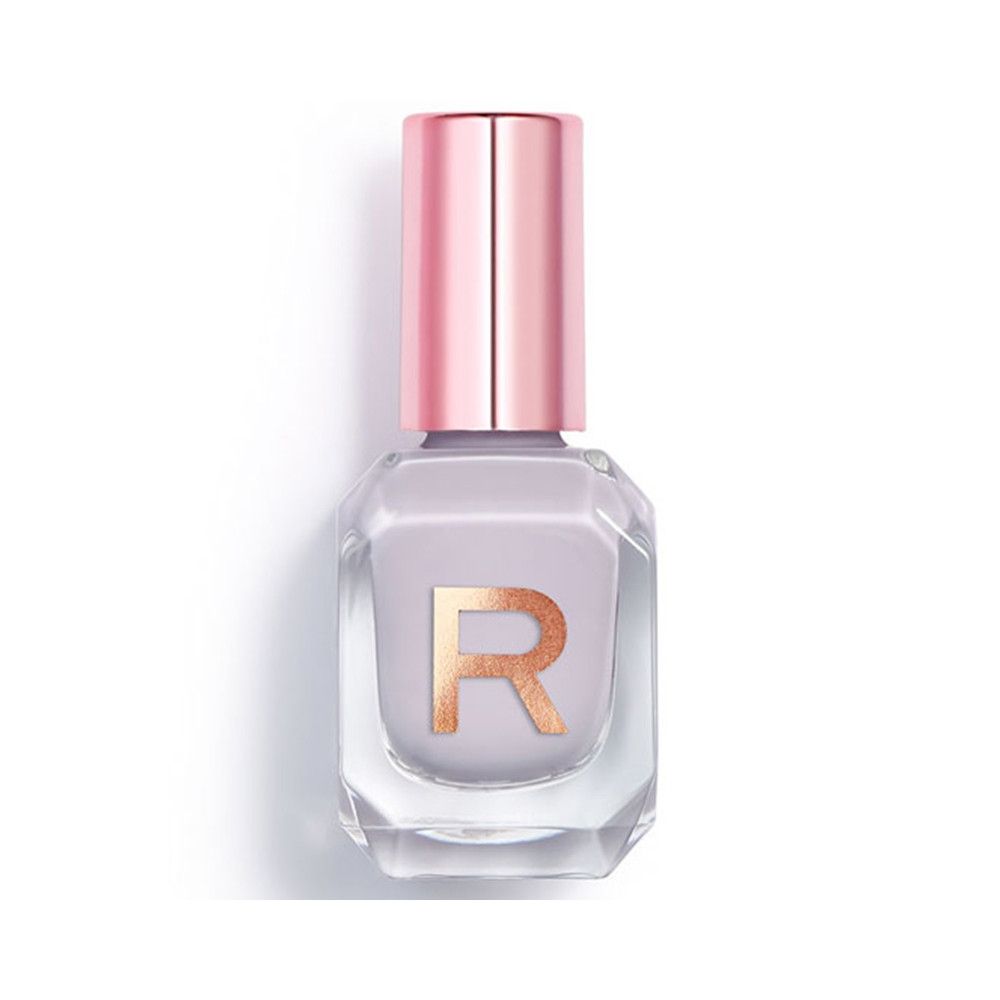 Ein Fläschchen hellgrauem Nagellack mit roséfarbenem Deckel und dem 'R'-Logo.