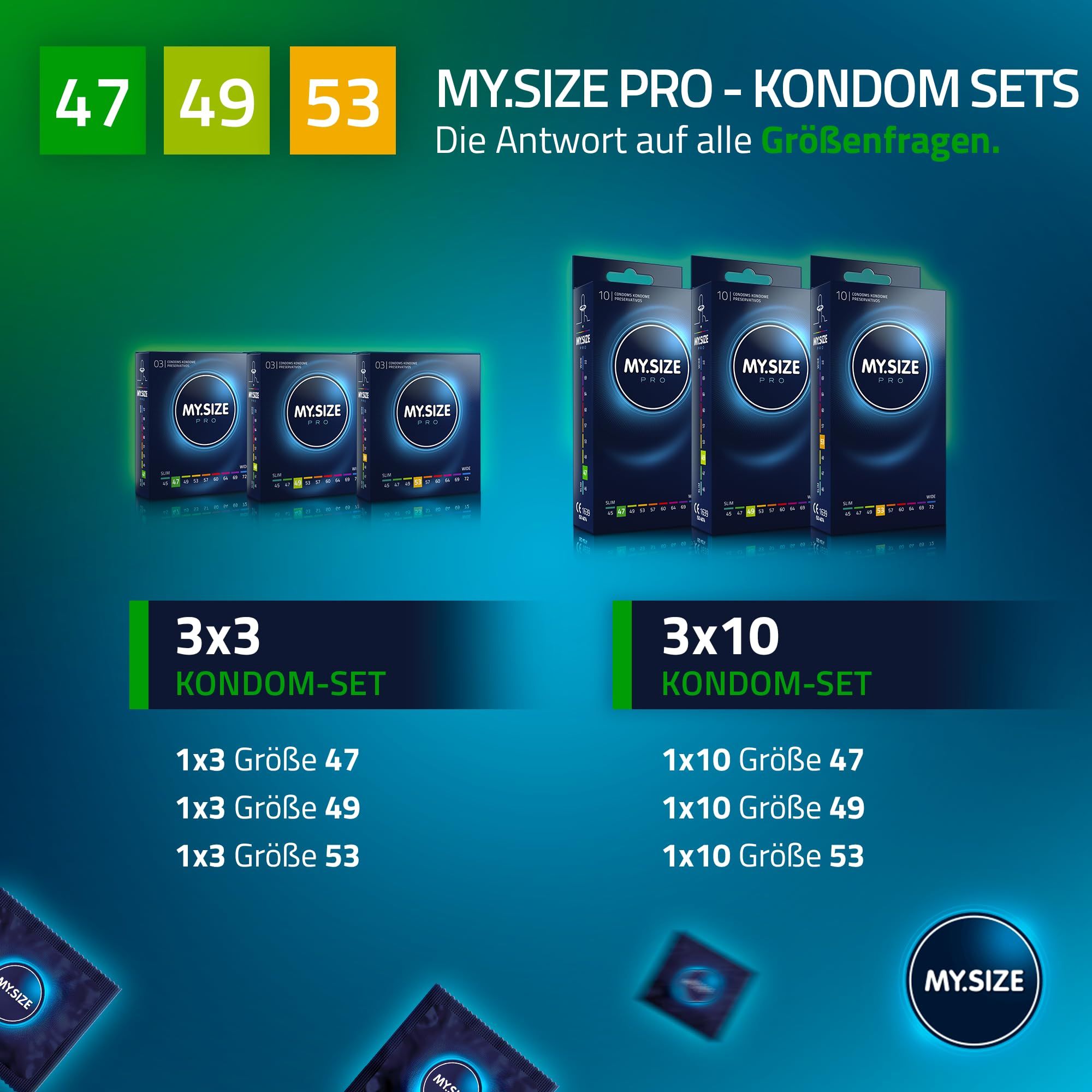 MY.SIZE PRO Kondom-Sets in 3x3 und 3x10 Packungen mit Größen 47, 49, 53 mm.