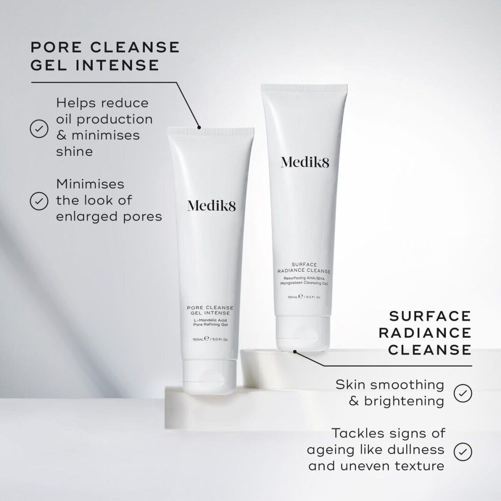 Zwei Tuben: Pore Cleanse Gel Intense und Surface Radiance Cleanse. Text: Hilft Ölproduktion zu reduzieren, minimiert Glanz, verfeinert Poren.