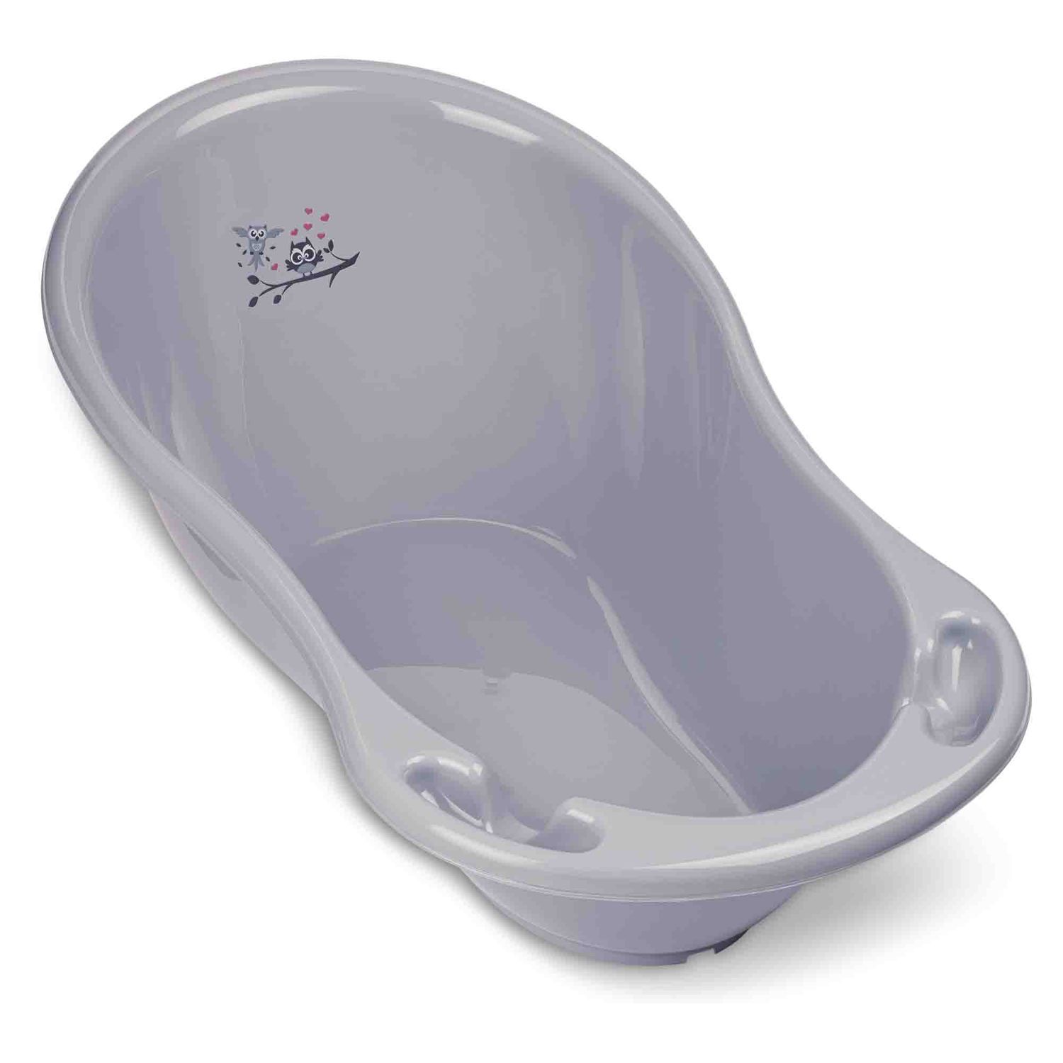 Graue Babybadewanne. Ovale Form mit Griffen. Aufdruck mit floralem Muster.