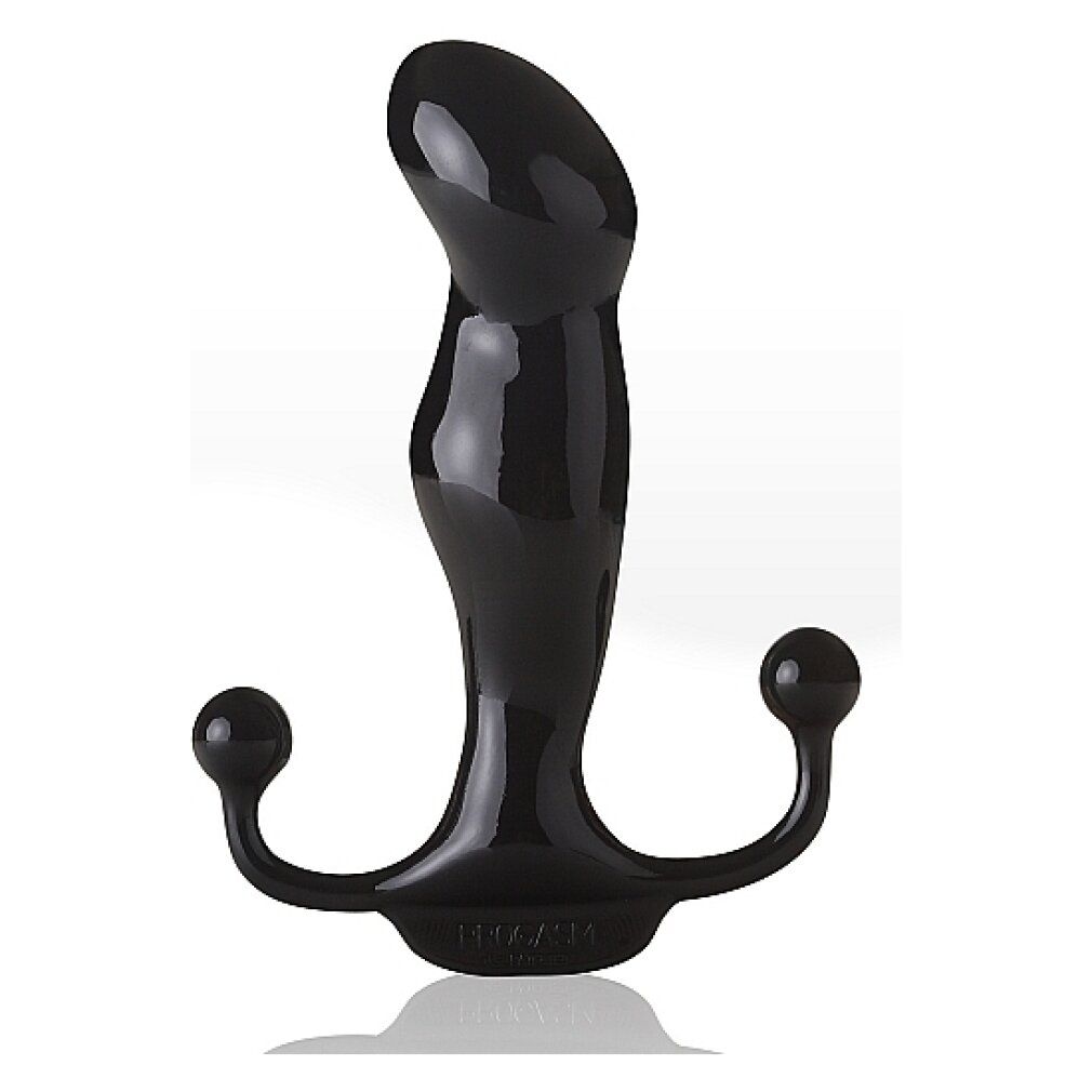 Schwarzes, glänzendes Massagegerät mit zwei Kugeln und einem gebogenen Kopf. Unterseite mit Schriftzug.