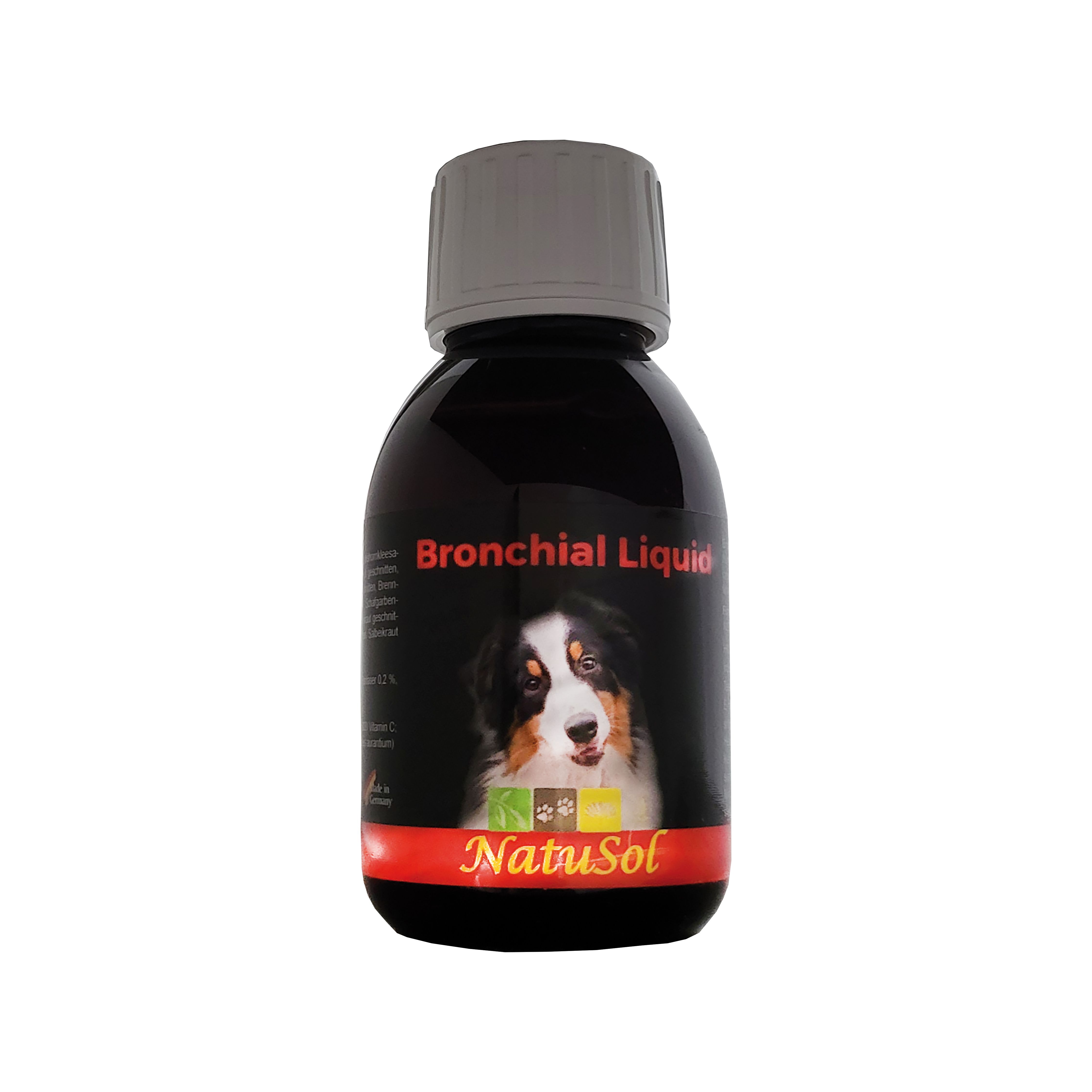 Braune Flasche mit grauem Deckel. Etikett mit Hundefoto und Schriftzug "Bronchial Liquid". Roter Streifen mit "NatuSol".