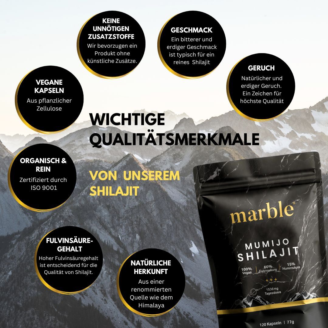 Verpackung mit Text. Aufschrift: marble, Mumijo Shilajit, 120 Kapseln. Logos: Vegane Kapseln, organisch & rein, natürliche Herkunft.