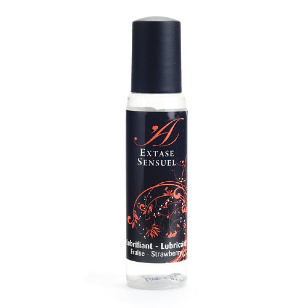 Zylindrische Flasche mit schwarzem Deckel. Aufschrift: Extase Sensuel, Lubricant Fraise-Strawberry.