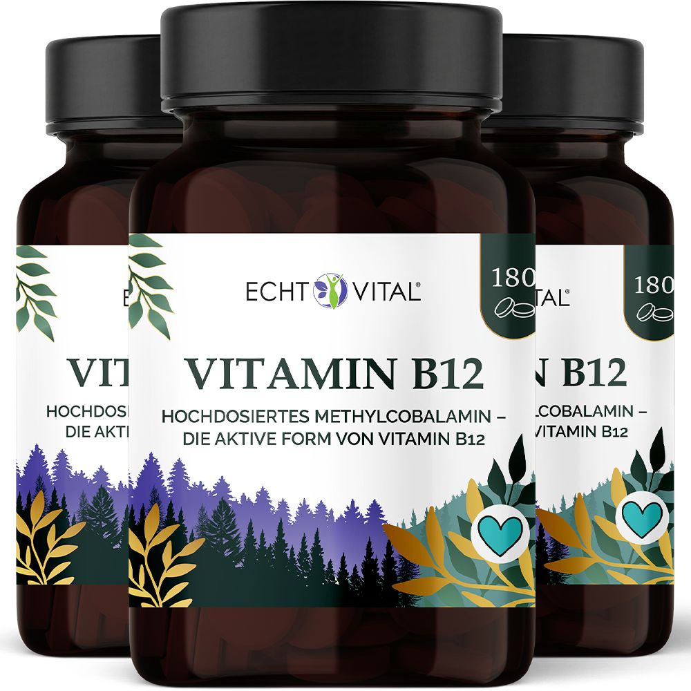 Drei Braunglasflaschen mit Echt Vital Vitamin B12, hochdosiertes Methylcobalamin.