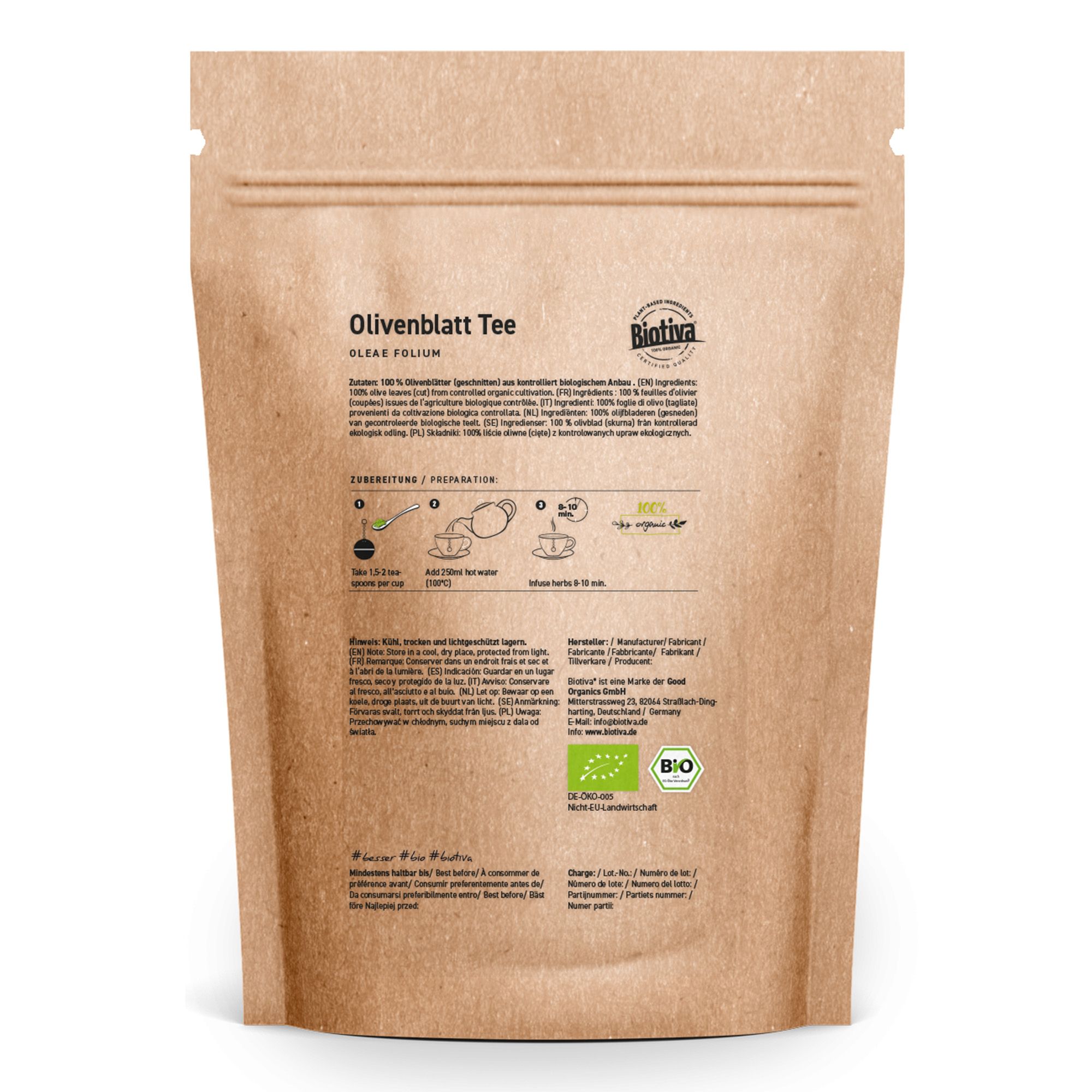 Braune Papierverpackung mit Biotiva Olivenblatt Tee. Text: Olivenblatt Tee, Zubereitungshinweise, Bio-Siegel.