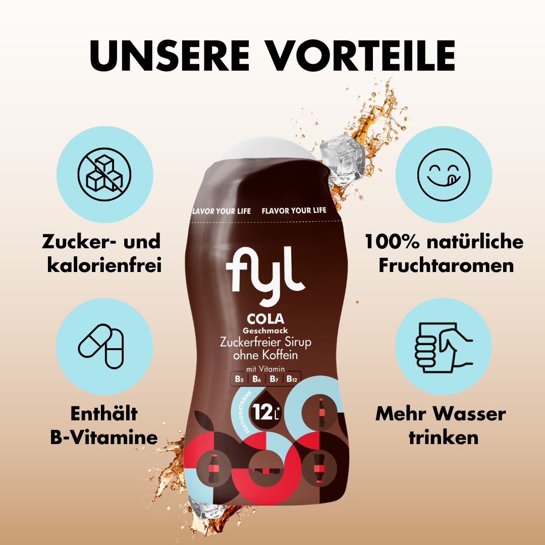 Fyl Cola Sirup, Vorteile: Zucker- und kalorienfrei, 100% natürliche Fruchtaromen, enthält B-Vitamine, mehr Wasser trinken.