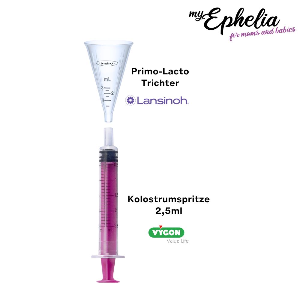 Trichter und Spritze. Text: myEphelia, Primo-Lacto Trichter, Lansinoh, Kolostrumspritze 2,5ml, Vycon.