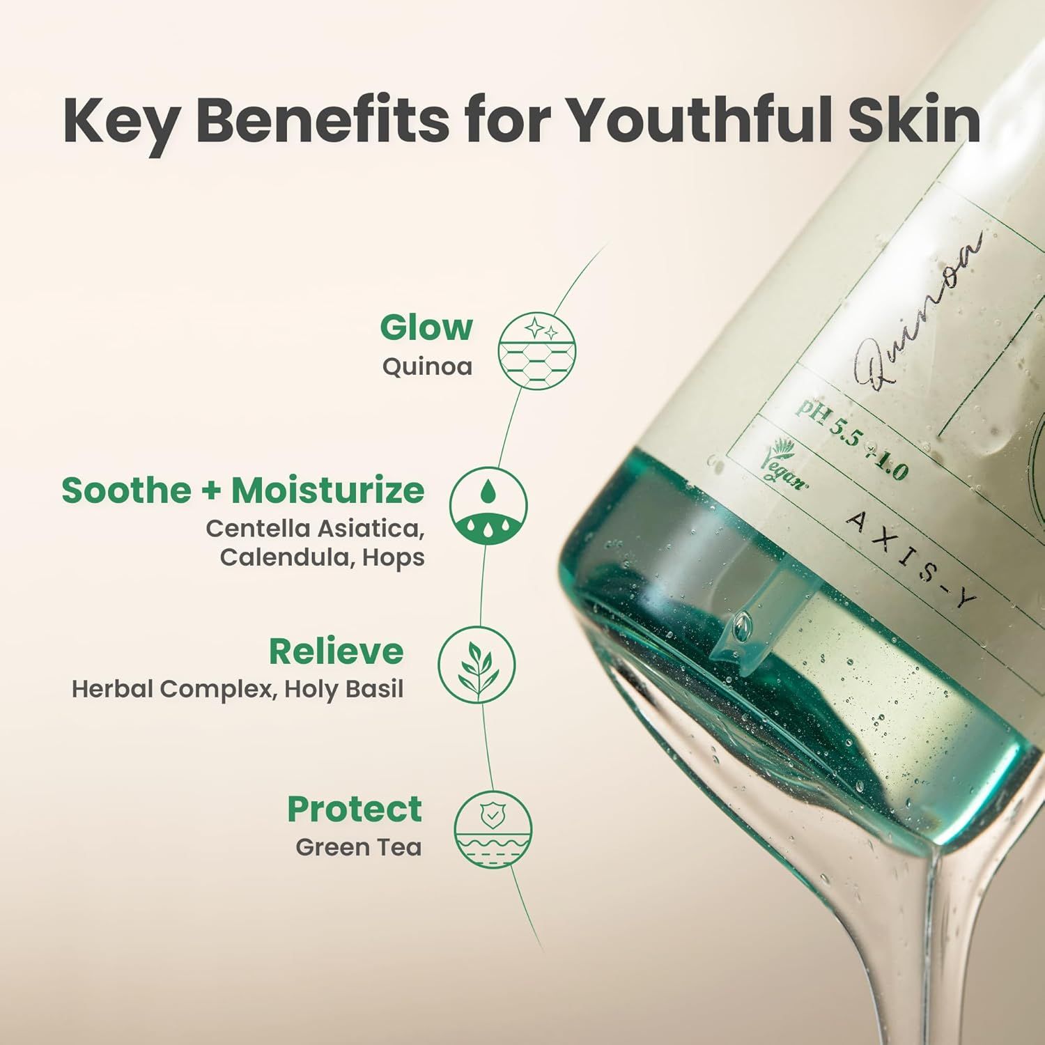 Nahaufnahme der Flasche. Text: AXIS-Y, Quinoa, pH 5.5 ± 1.0. Vorteile: Glow, Soothe + Moisturize, Relieve, Protect.