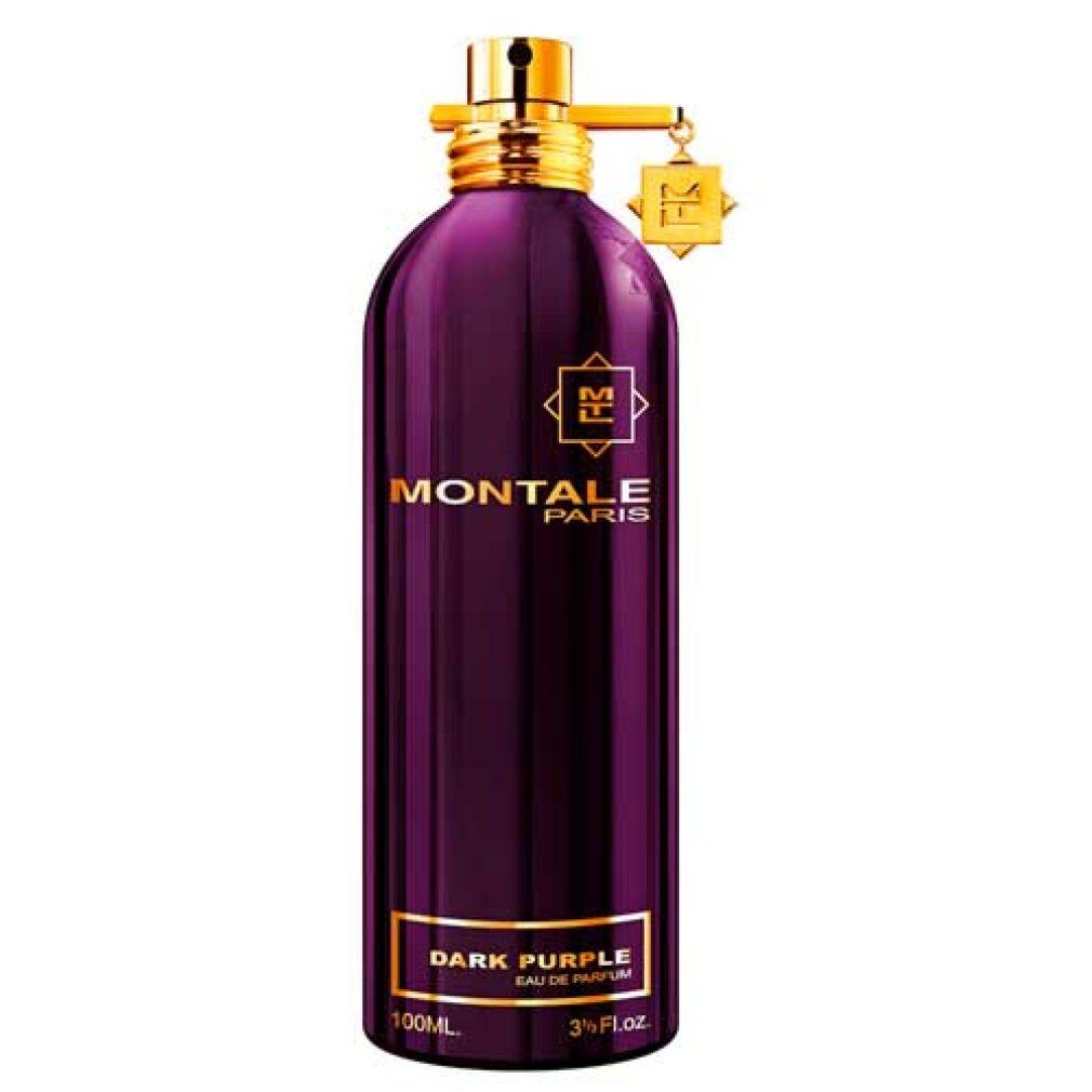 Dunkelviolette Flasche mit goldenem Verschluss und Anhänger. Aufschrift MONTALE PARIS und DARK PURPLE. 3 Fl.oz.
