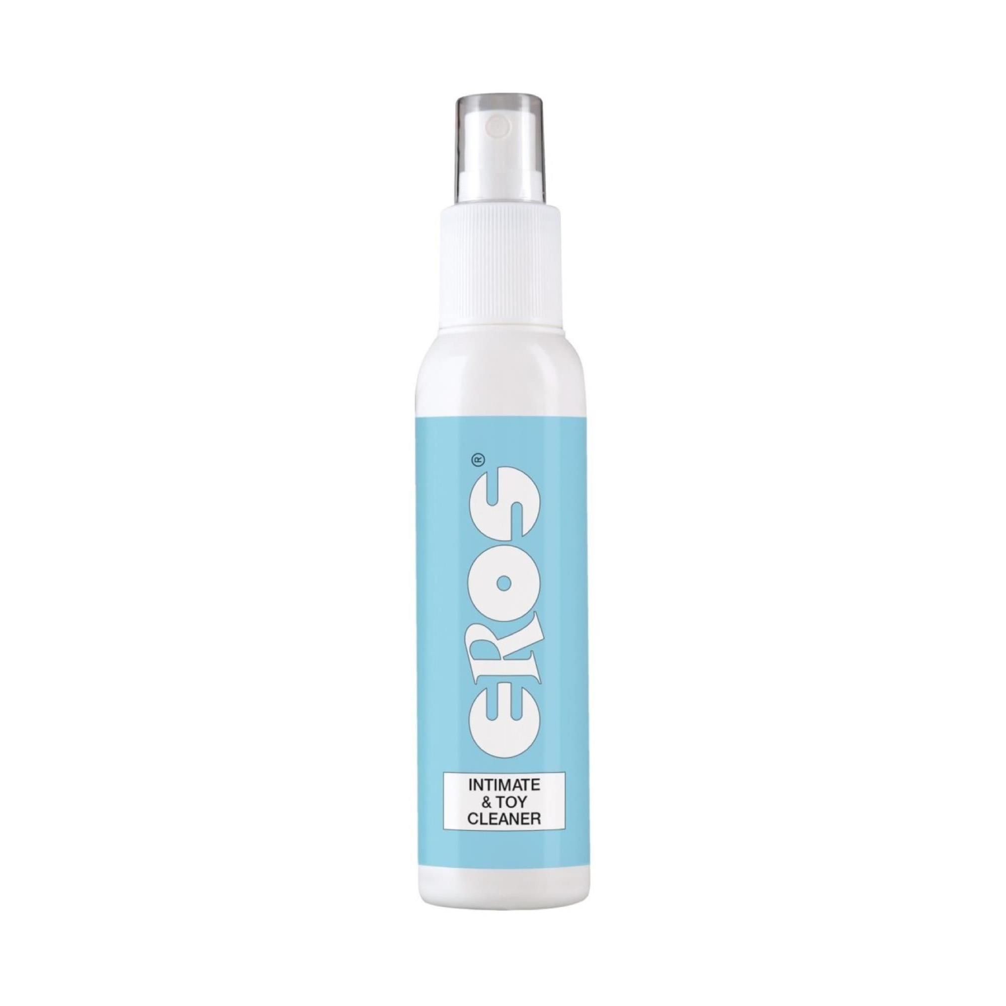 Flasche mit Sprühkopf. Hellblauer Aufkleber mit weißem Schriftzug „EROS“ und „Intimate & Toy Cleaner“.