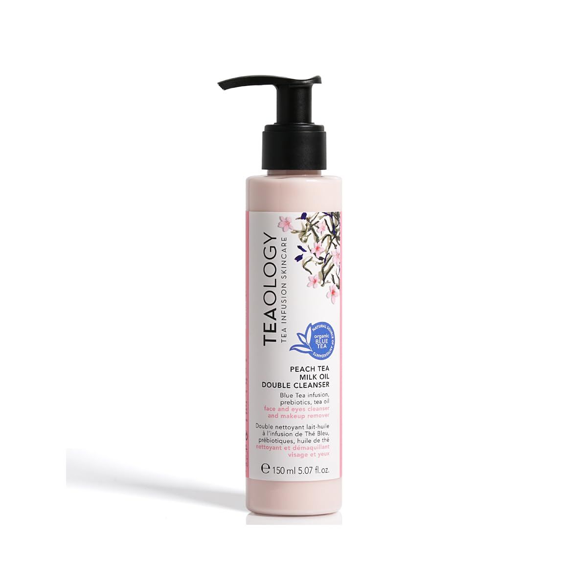 Rosa Flasche mit schwarzem Pumpkopf. Aufschrift: Teaology, Peach Tea Milk Oil Double Cleanser. Mit floralem Design und Logo.