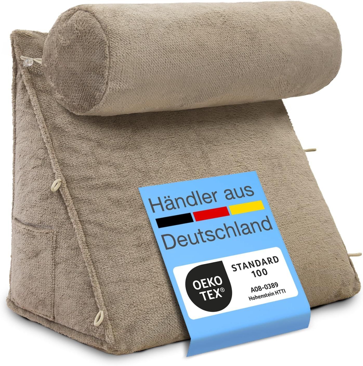 Beiges Rückenkissen mit Nackenrolle. Oeko-Tex Standard 100 Zertifizierung. Händler aus Deutschland.