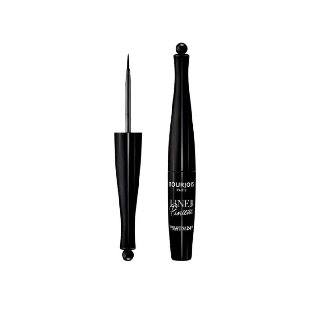 Schwarzer Eyeliner mit Pinsel. Flasche mit Schriftzug Bourjois Paris Liner Pinceau. Wasserfest.