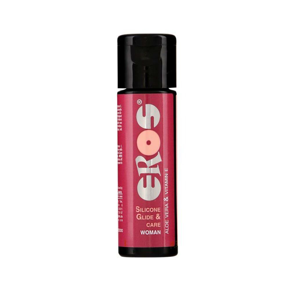 Zylinderförmige Flasche mit schwarzem Deckel. Aufschrift: EROS, Silicone Glide & Care, Aloe Vera & Vitamin E, WOMAN.