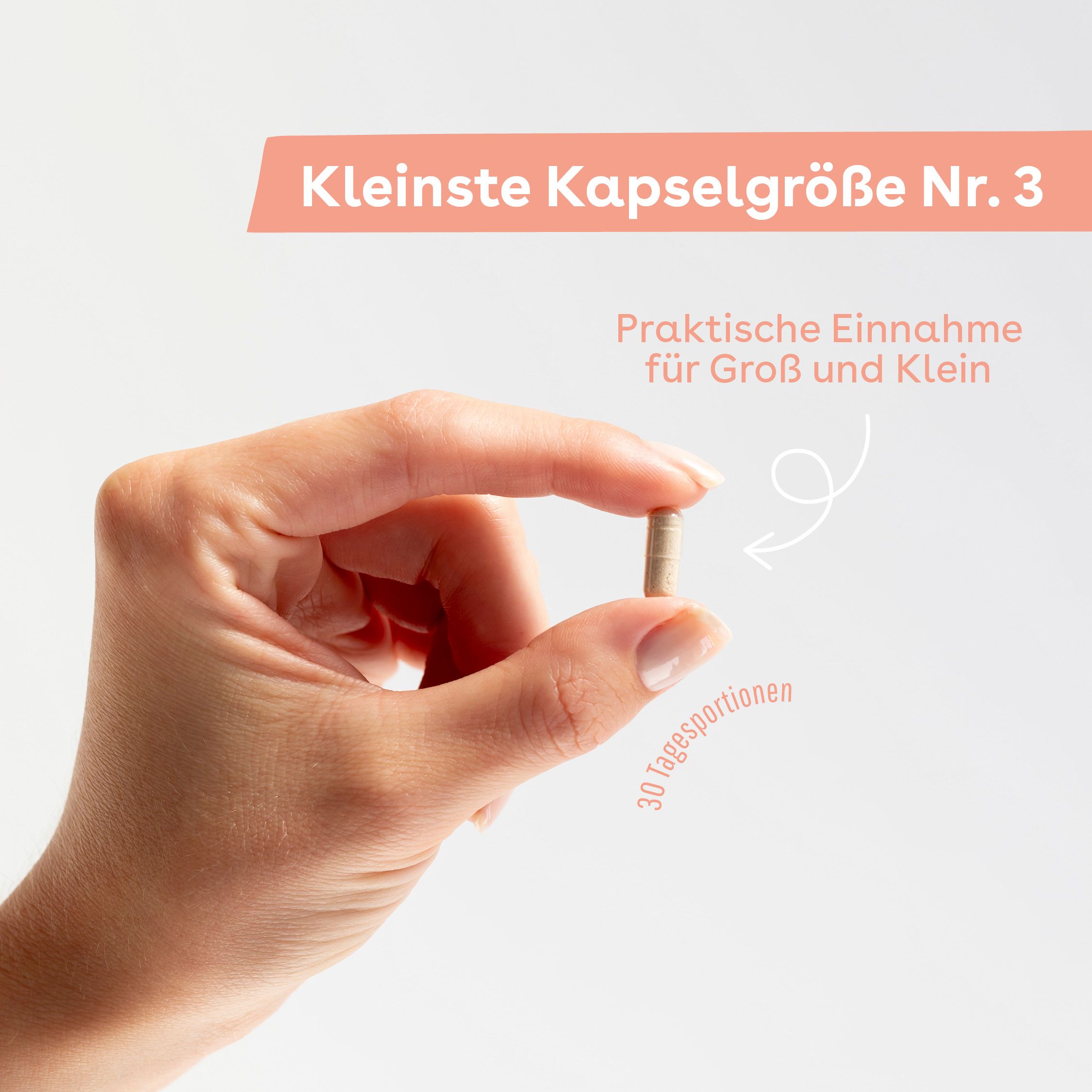 Kapsel Nr. 3 wird gezeigt. Praktische Einnahme für Groß und Klein. 30 Tagesportionen.