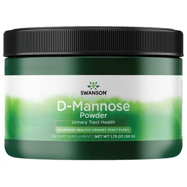 Grüner Behälter mit schwarzem Deckel. Aufschrift: Swanson, D-Mannose Powder, Urinary Tract Health. Nahrungsergänzungsmittel.