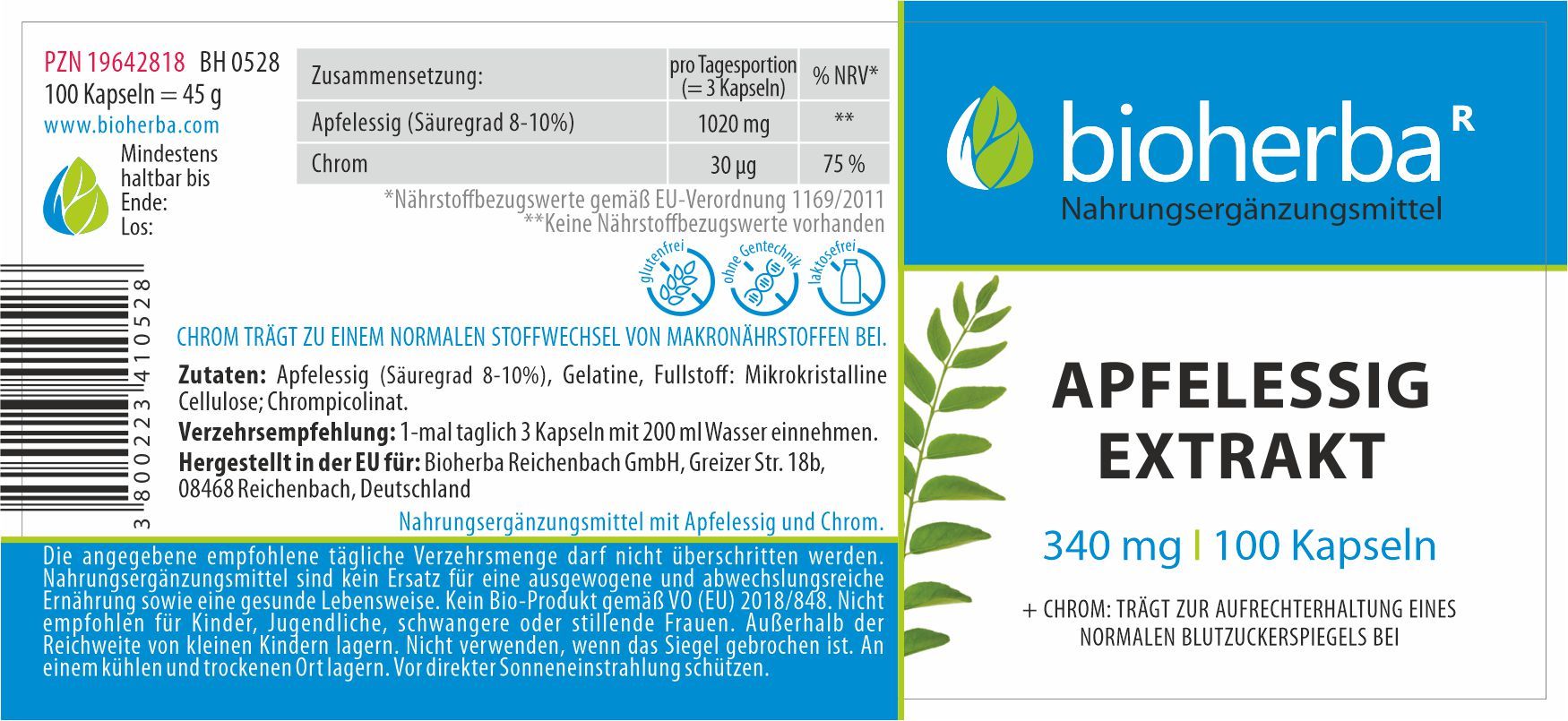 Etikett mit Produktinformationen. Apfelessig Extrakt Kapseln, 340 mg, 100 Kapseln. Enthält Chrom. Bioherba Logo.