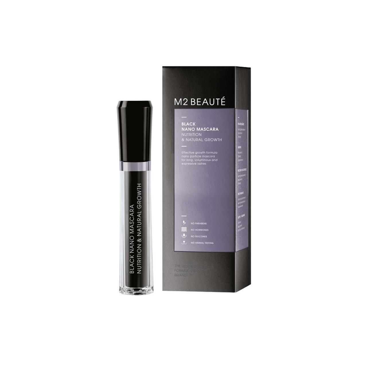 Mascara-Tube und Verpackung. Aufschrift: M2 Beauté Black Nano Mascara Nutrition & Natural Growth. Mit Produktinformationen.
