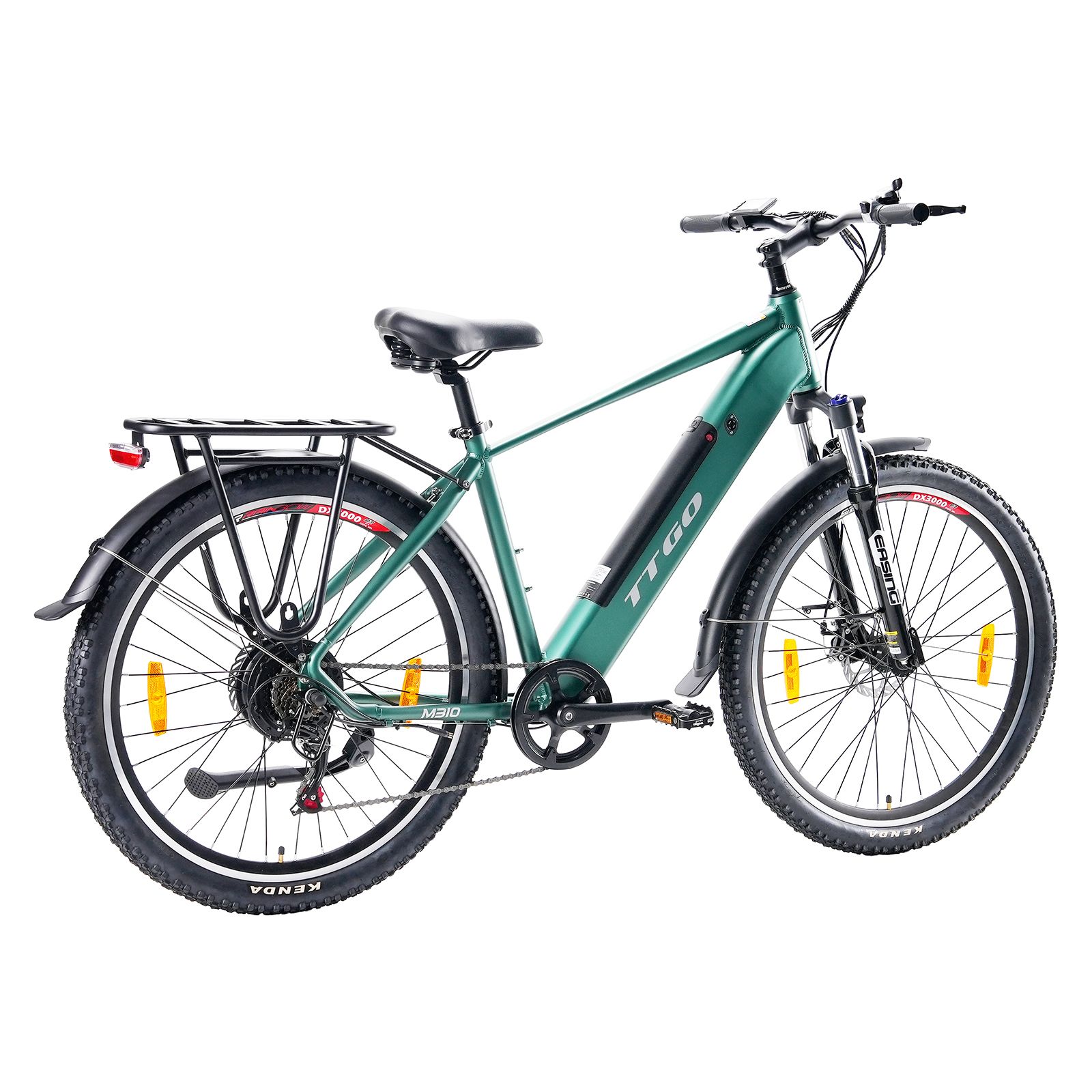 Grünes TTGO E-Bike mit Gepäckträger, schwarzem Sattel und Reifen. Gelbe Reflektoren.