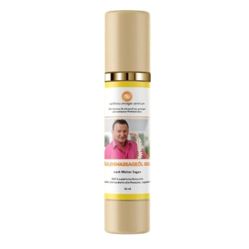 Beige Flasche mit goldfarbenem Deckel. Etikett mit Text und Abbildung eines Mannes. Produktname: SAGAN Wirbelsäulenmassageöl.