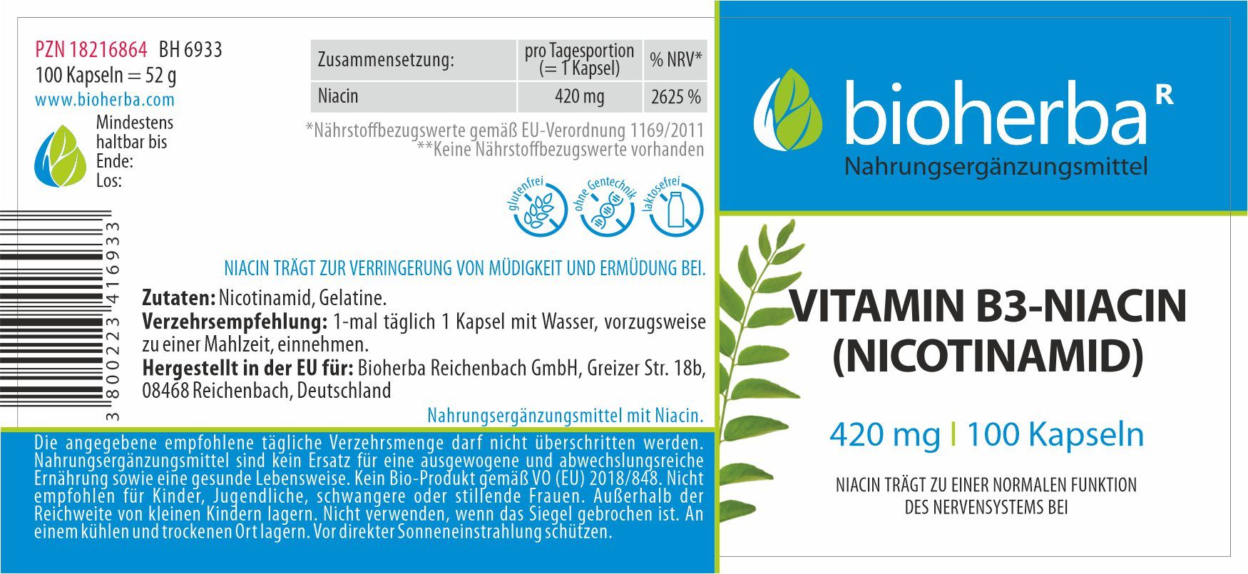 Etikett mit Produktinformationen. Enthält Angaben zu Niacin, Dosierung und Inhaltsstoffen. Marke: Bioherba.