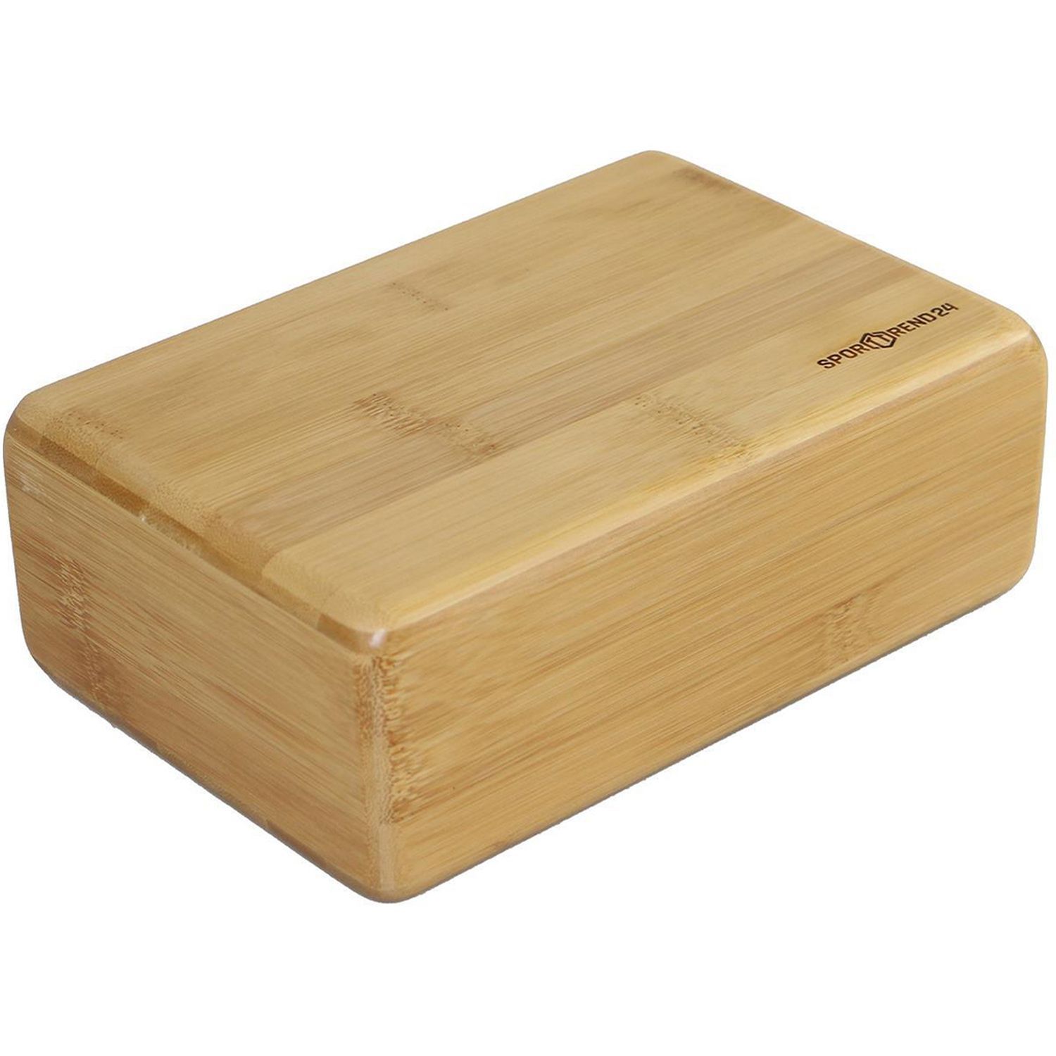 Rechteckiger Yoga-Block aus Bambus. Logo Sporttrend24 auf der Oberseite.
