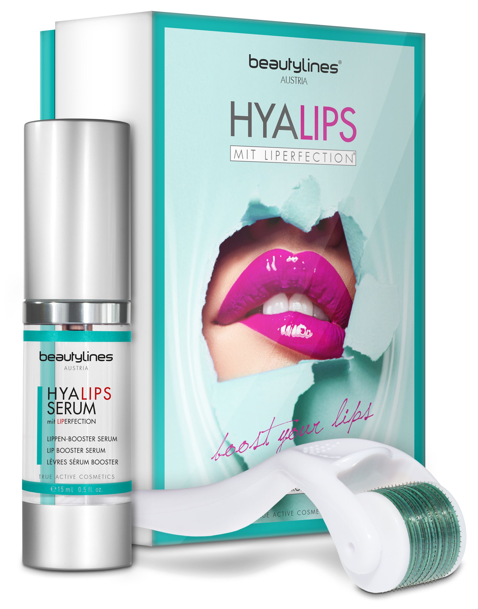 HYALIPS Serum und Micro Needling Roller neben einer Box. Auf der Box: HYALIPS, Lippen. Marke: beautylines. Text: boost your lips.