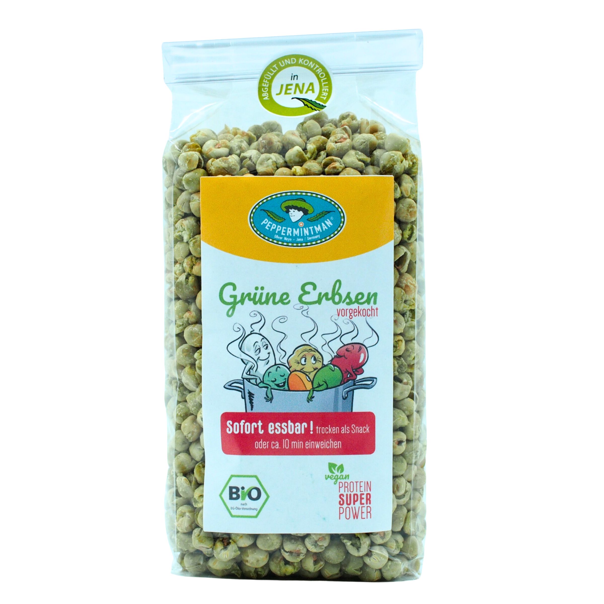 Klarsichtbeutel mit vorgekochten grünen Erbsen. Aufdruck mit Logo, Produktname, Bio-Siegel und Text. Siegel: "Qualität und Kontrolle in Jena".