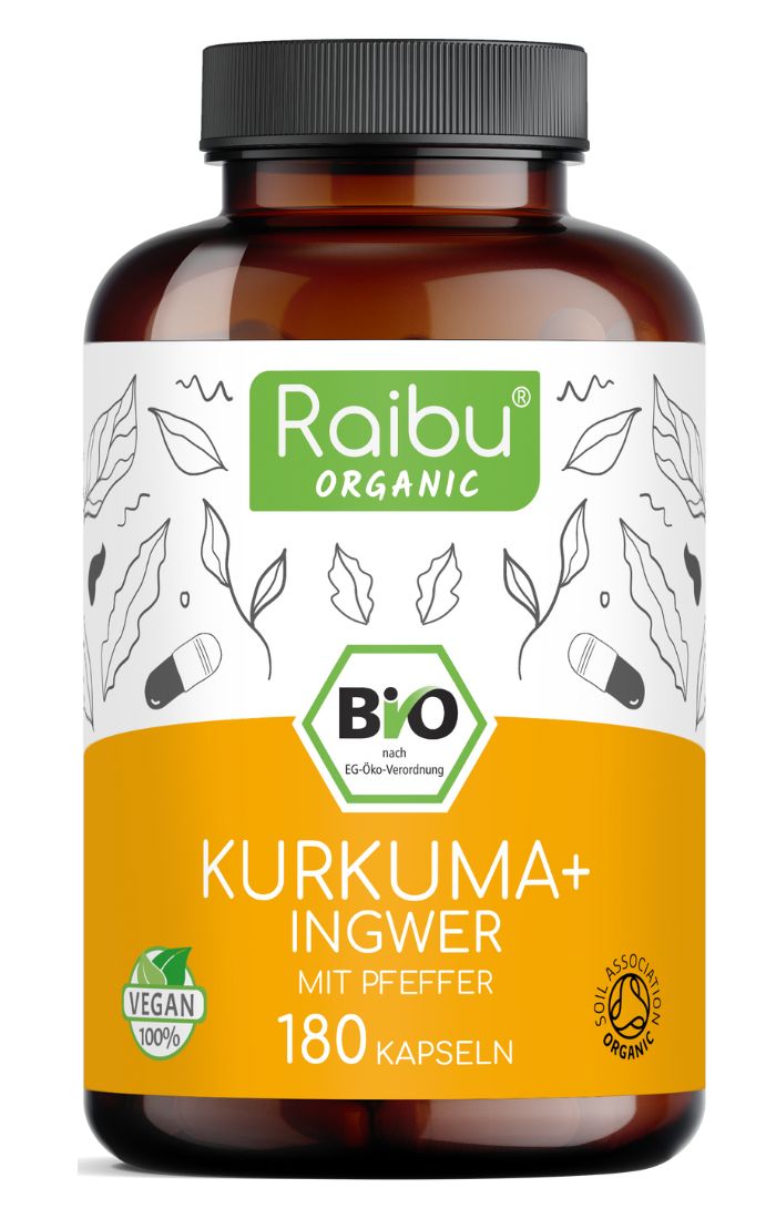 Braune Flasche mit Kapseln. Aufschrift: Raibu Organic, Kurkuma+ Ingwer, 180 Kapseln, Bio-Siegel, vegan.