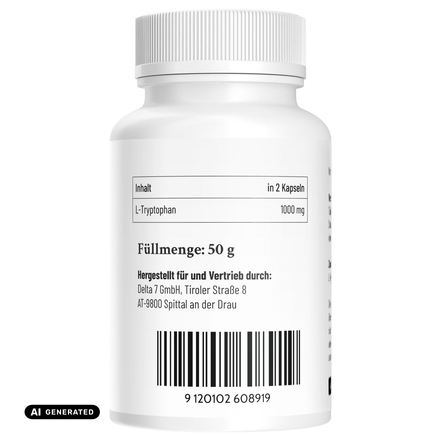 Weiße Kapsel-Flasche mit Etikett, das L-Tryptophan 1000 mg, Füllmenge 50 g und Herstellerangaben zeigt.