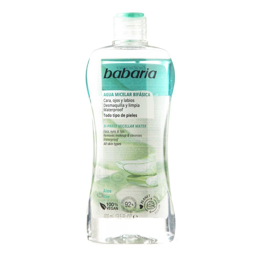 Babaria Micellar Bifasica Flasche. Klar, mit blauem Deckel und Etikett. Enthält Aloe Vera. Vegan.