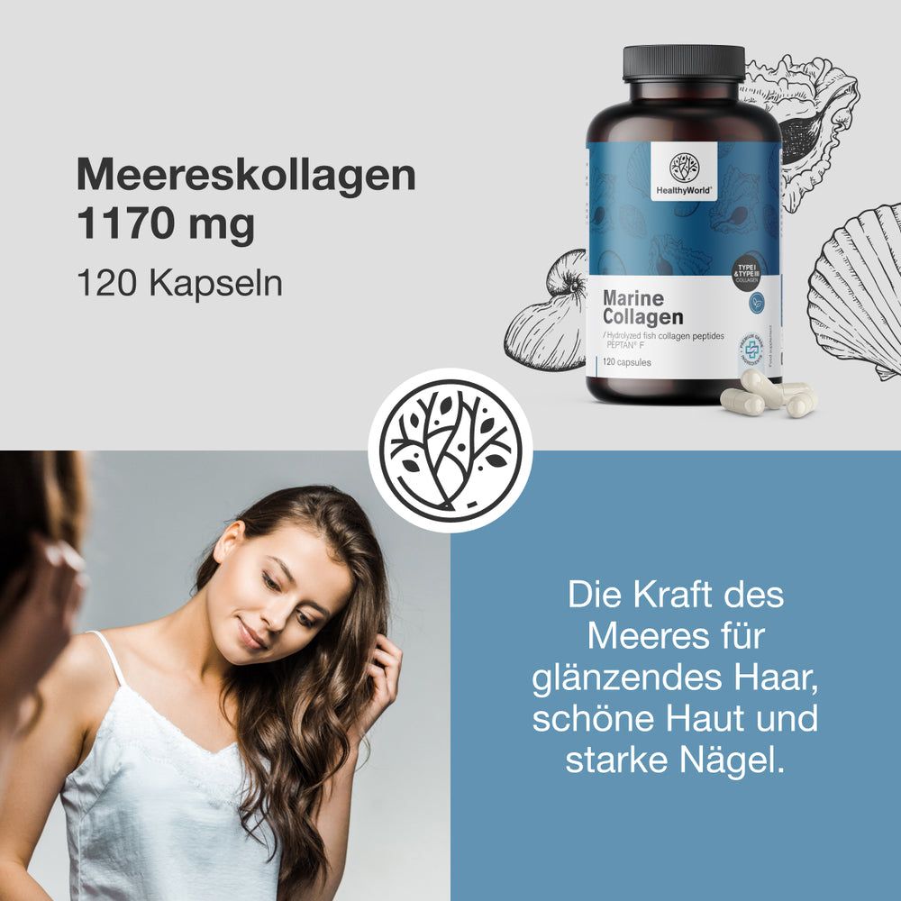 Produktabbildung mit Text: Meereskollagen 1170 mg, 120 Kapseln. Frau betrachtet ihr Haar. HealthyWorld Logo.