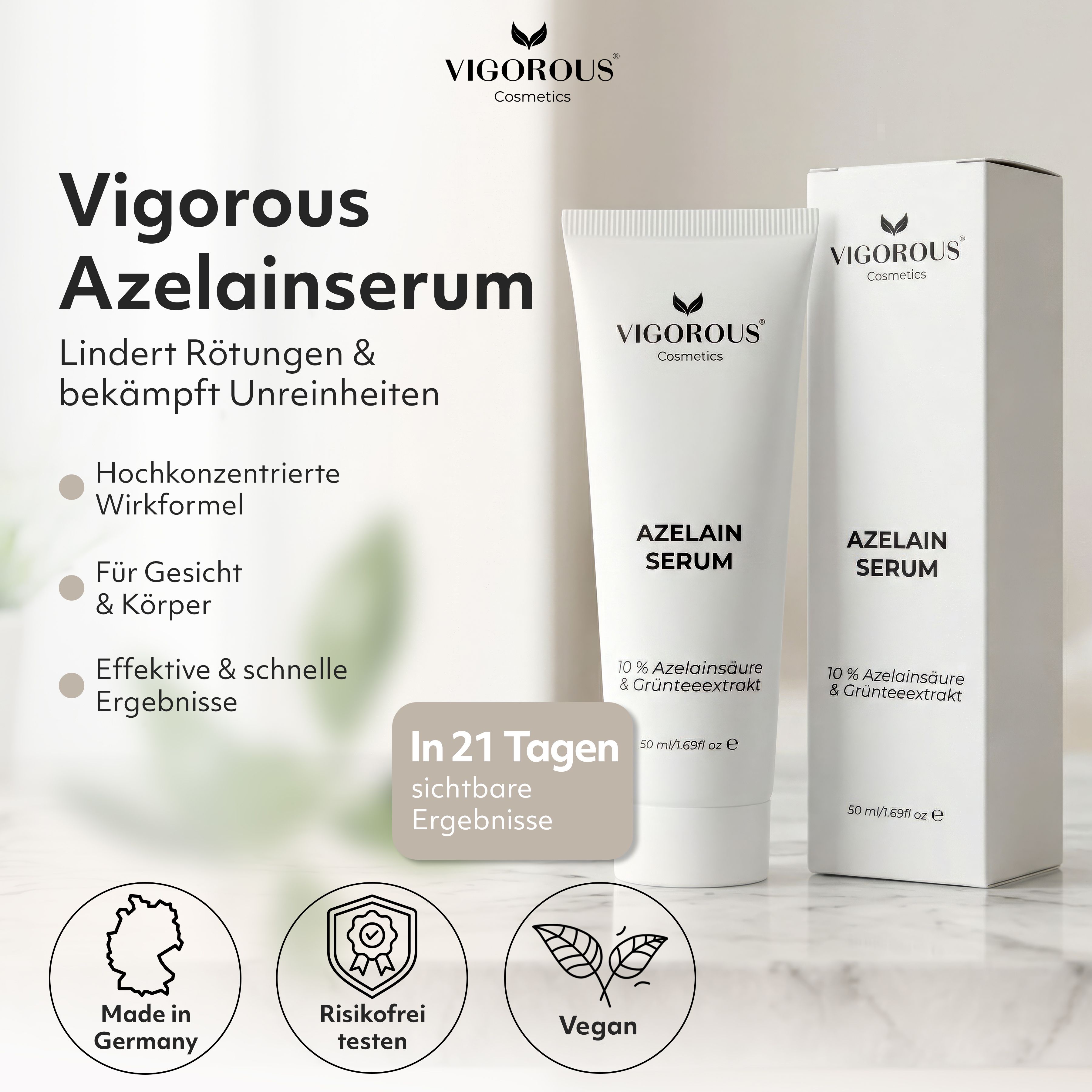 Tube und Verpackung. Text: VIGOROUS Azelain Serum. Lindert Rötungen & bekämpft Unreinheiten. Vegan. Made in Germany. Risikofrei testen.